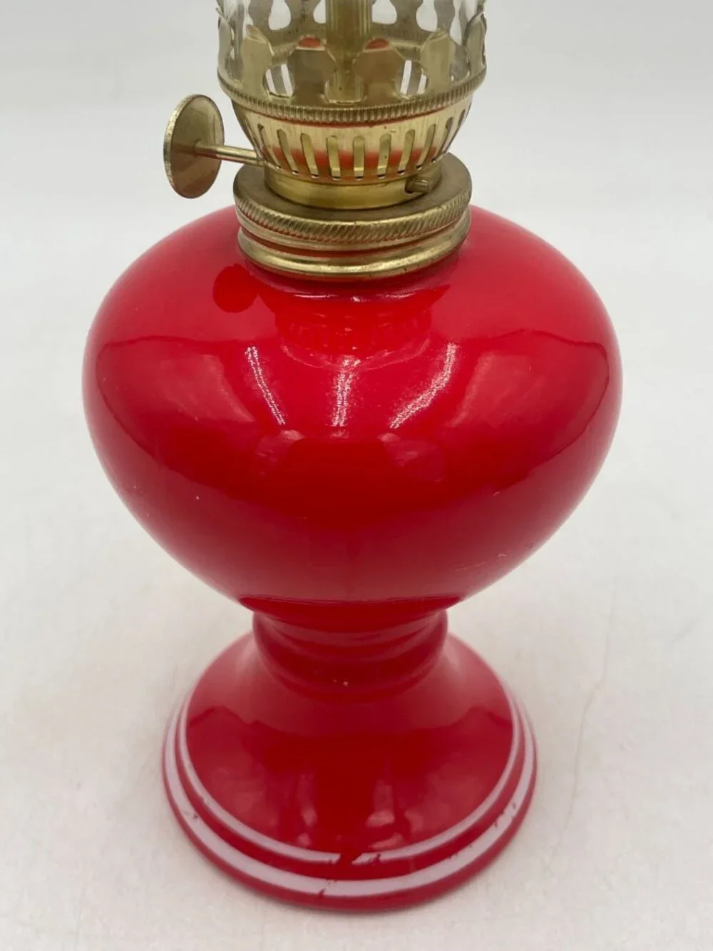Vintage Red Glass Oil Lamp Brass Burner & Clear Chimney 10 Inches Tall